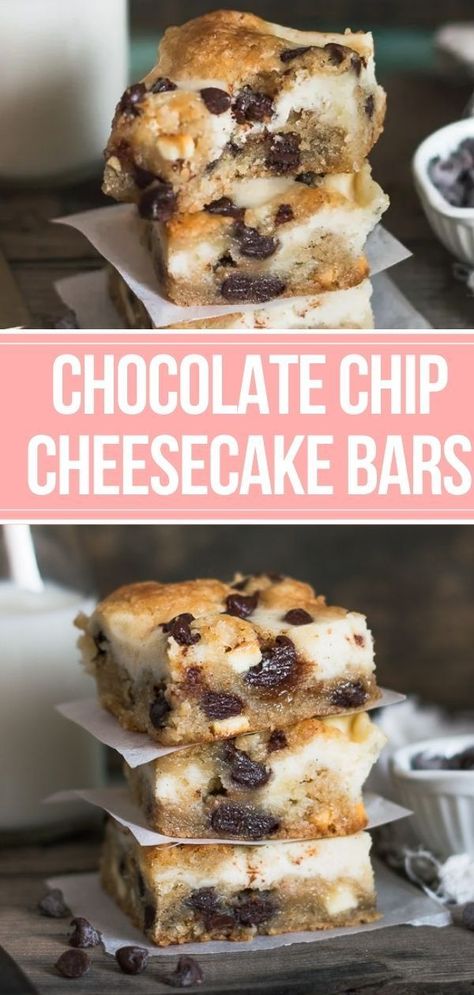 Soft yet crunchy layered cheesecake bars that are the perfect combination of cheesecake and chocolate chip cookie dough. The best easy cheesecake bar for parties and potlucks - made from scatch! Kids love these too #cheesecakebars #cheesecake #dessert #easyrecipes Chocolate Chip Cookie Dough Cheesecake Bars, Roll Cheesecake Bars, Choc Chip Cheesecake Bars, Chocolate Dessert For Potluck, Cheesecake Brookie, Cookie Dough Brownie Cheesecake, Cookie Cheesecake Bars, Chocolate Chip Cookie Dough Desserts, Top Rated Dessert Recipes Of All Time