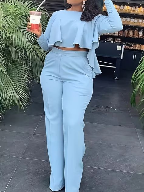 Elegant Work Wear, Wide Leg Pant Suit, Asymmetrical Hem Top, Ruffle Crop Top, Two Piece Pants Set, Moda Plus, Top Pants Set, Loose Outfit, Loose Fitting Tops