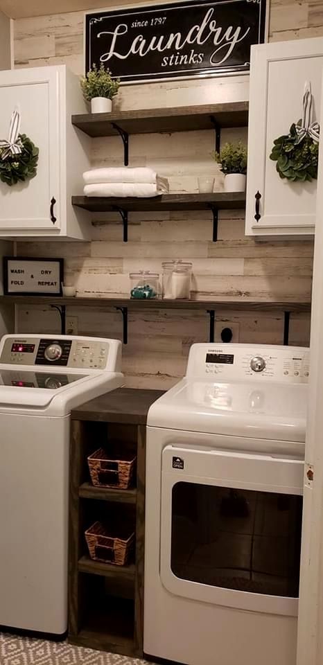 Ranch Laundry Room Ideas, Laundry And Utility Room Combo, Laundry Room In Kitchen Ideas, Small Laundry Room Ideas Front Loaders, Space Between Washer And Dryer, Combined Laundry And Bathroom Farmhouse, Laundry Room And Mud Room Combo, Wood Piece Over Washer And Dryer, Rustic Bathroom Laundry Combo