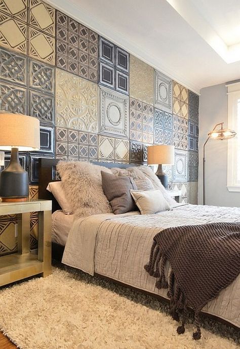 Craftsman Style Homes Exterior Color, Stylish Master Bedrooms, Tile Bedroom, Wall Tiles Design, Tin Tiles, Industrial Bedroom, Bedroom Accent, Ideas Hogar, Eclectic Bedroom