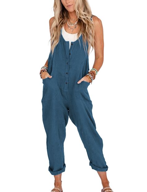 PRICES MAY VARY. Fashionable linen overalls for women, cool summer outfits for women This overalls women is made of high quality cotton linen fabric, airy and lightweight, comfy to wear Super cute jumpsuits for women, scoop neck, front buttons overall jumpsuit, back adjustable straps, two convenient side pockets, nice jumpers for women casual This straight leg pants rompers is easy to dress up and down, can be styled with tank tops, blouse, sandals, high heels and handbag. You can also roll up t Summer Jumpsuits, Jumpsuits Casual, Overalls Summer, Womens Overalls, Jumpsuit With Pockets, Cotton Jumpsuit, Jumpers For Women, Cotton Linen, Adjustable Straps