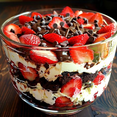 Strawberry Chocolate Brownie Trifle Chocolate Brownie Trifle Recipe, Strawberry Truffle Cake, Brownie Strawberry Trifle, Brownie Layered Desserts, Christmas Truffle Bowl Desserts, Strawberry Trifle Recipes, Truffle Desserts Layered, Brownie Trifle Recipes, Dessert Trifle Recipes