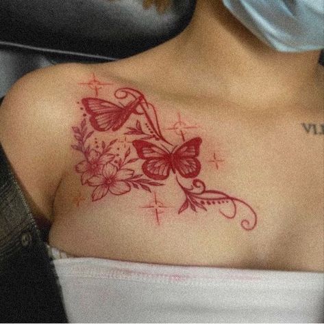 Collarbone Tattoo Female, Whole Arm Tattoos For Women, Red Tattoos On Dark Skin, Cute Chest Tattoos, Collar Bone Tattoos For Women Unique, Side Of Stomach Tattoo For Women, Early 2000s Tattoos, Navel Tattoos For Women, Cute Arm Tattoos For Women