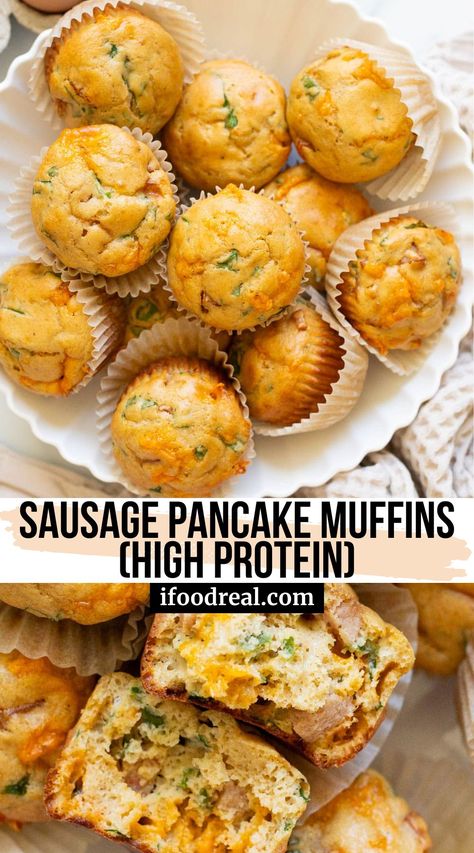 Sausage Pancake Muffins are sweet and savory with 11 grams of protein per muffin! Ready in 30 minutes for an easy grab-and-go breakfast or snack and perfect for meal prep. Meal Prep Breakfast On The Go, Kodiak Sausage Cheese Muffins, Nurse Breakfast Ideas, Clean Eating Breakfast Meal Prep, Easy Pre Workout Breakfast, High Protein Sausage Pancake Muffins, Kodiak Sausage Breakfast Muffins, Healthy Muffin Recipes Protein, Pre Breakfast Snack