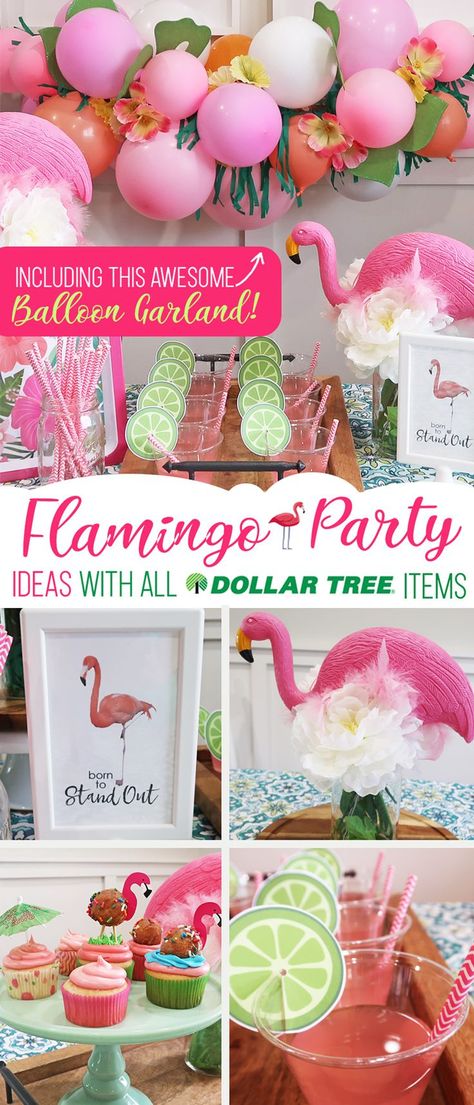 Diy Flamingo Party Decorations, Flamingo Table Decor, Dollar Tree Luau Party Ideas, Flamingo Cupcake Cake, Tropical Party Food, Tropical Birthday Party Ideas, Flamingo Beach Party, Flamingo Party Food, Tropical Balloon Garland