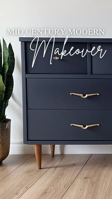 Navy Dresser With Gold Hardware, Gold Chalk Paint Furniture, Navy Blue Painted Furniture, Navy Dresser Makeover, Annie Sloan Oxford Navy, Navy Painted Furniture, Navy Dresser, Navy Blue Dresser, Rustoleum Metallic