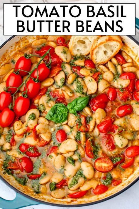 These 10-minute vegan butter beans are cooked in a garlicky tomato pesto sauce and served with crusty bread or pasta. This is the easy butter bean recipe that you have been looking for!  They're dairy-free, soy-free, nut-free, and gluten-free so everyone can enjoy them! thehiddenveggies.com No Wheat Meals, Vegan Butter Noodles, Meatless Meals Gluten Free, Noodle Beans Recipes, Can Butter Beans Recipes, Vegan Recipes With Basil, Basil Butter Pasta, Garden Beans Recipe, Vegetarian Butter Beans Recipe