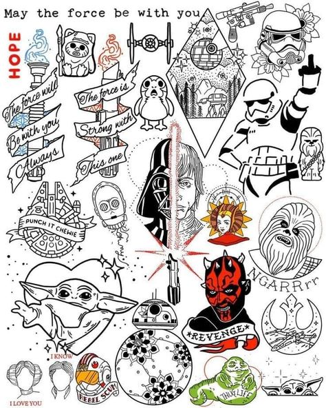 Star Wars Filler Tattoo, Tattoo Designs Star Wars, Star Wars Outline Tattoo, Star Wars Flash Sheet, Starwars Small Tattoos, Star Wars Droids Tattoo, Little Star Wars Tattoos, Star Wars Back Tattoo, Star Wars Porg Tattoo