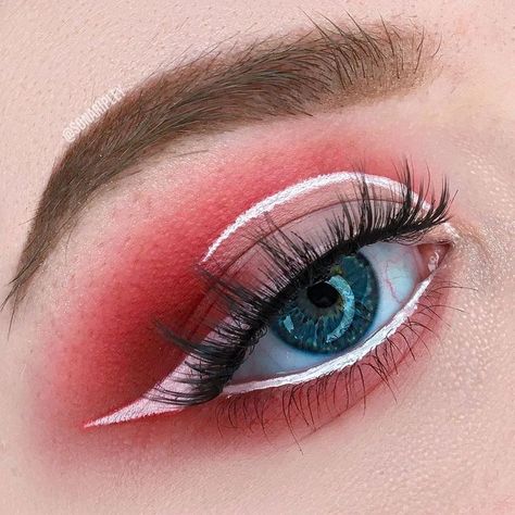 #eyemakeup White And Red Eye Makeup, Red And White Eye Makeup, Red White Makeup, White Eye Makeup, Red Makeup Looks, Gore Makeup, Funky Makeup, Red Eye Makeup, Classy Makeup