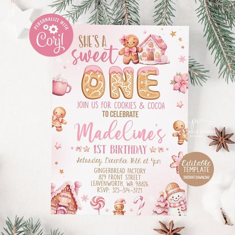 Sweet One Christmas Birthday, 1st Birthday December Girl, Gingerbread 1st Birthday Girl, December Birthday Themes, 1st Birthday Holiday Theme, Gingerbread First Birthday Party, Gingerbread Cookie Birthday Party, December 1st Birthday Party Girl, Christmas First Birthday Cookies