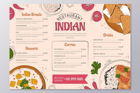 Free vector hand drawn traditional india... | Free Vector #Freepik #freevector #indian-menu #lunch-menu #hand-drawn-menu #menu-template Indian Menu Design, Japanese Food Menu, Resturant Menu, Indian Food Menu, Thai Food Menu, Rice Healthy, Healthy Restaurant Food, Restaurant Website Design, Cafe Menu Design