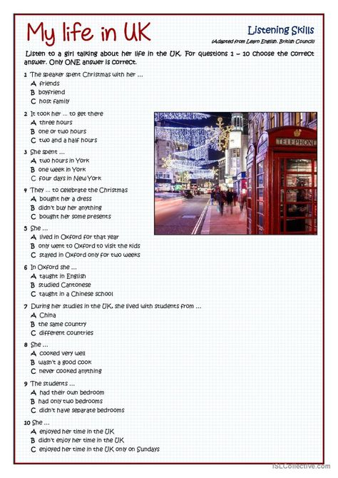 LISTENING - MY LIFE IN THE UK: English ESL worksheets pdf & doc Listening Skills Worksheets, Esl Listening Activities, Listening English, Life In The Uk, Grammar For Kids, English Language Learning Grammar, Special Needs Students, Uk English, Grammar And Vocabulary