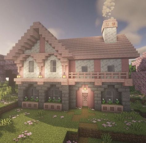 ⋆Not Mine (creds to owner) ⋆ Easy Minecraft Builds Houses, Pink And Birch Minecraft House, Minecraft House Builds Ideas, Minecraft Houses Creative, Minecraft Town Name Ideas, Pink Things To Build In Minecraft, Window Seat Minecraft, Simple Pretty Minecraft Houses, Simple Cottage Minecraft