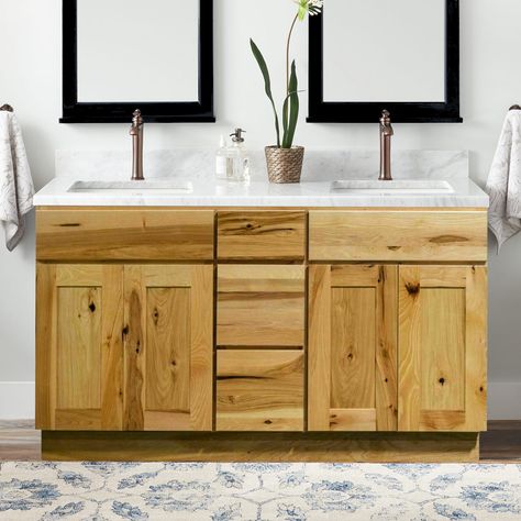 Hickory Bathroom Vanity, Hickory Bathroom, Shaker Bathroom Vanity, Country Cabinets, Bathroom Vanity Style, Bathroom Vanity Drawers, Shaker Vanity, Linen Closets, Semi Custom Cabinets