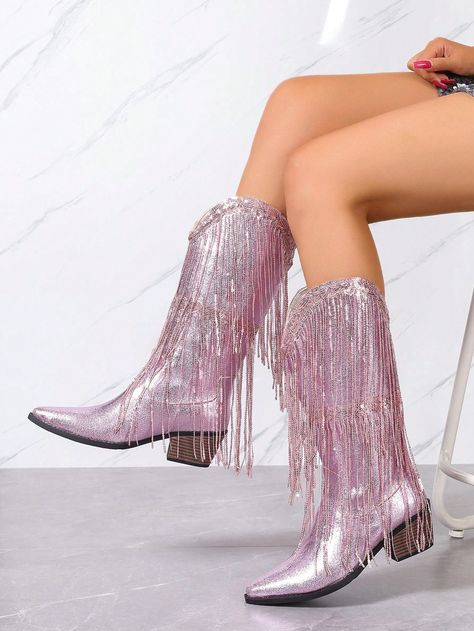 Women Fringe Mid-Heel Square Toe Slip-On Fashion Comfort Trendy Cowgirl Knee-High BootsI discovered amazing products on SHEIN.com, come check them out! Mid Heel, Cowgirl Boots, Amazing Products, Thigh Highs, Hen, Knee High, Slip On, Square, Heels