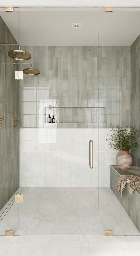 Walk In Shower Flush With Floor, Realistic Bathroom Ideas, Washroom Essentials, Organic Modern Bathroom, Bathroom Redesign, Master Bath Remodel, Bathroom Inspiration Decor, Upstairs Bathrooms, Green Tile