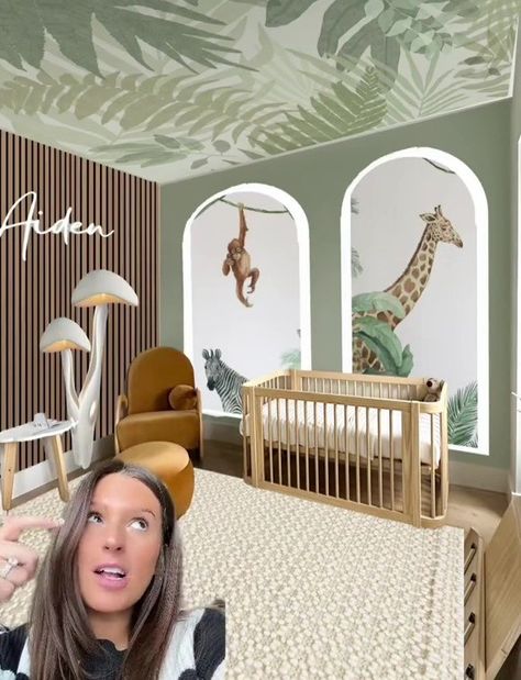 Jungle Nursery Wallpaper, Modern Jungle Nursery, Jungle Boy Nursery, Baby Boy Jungle Nursery, Jungle Nursery Ideas, Jungle Boys Room, Zoo Themed Nursery, Nursery Room Colors, Modern Baby Boy Nursery