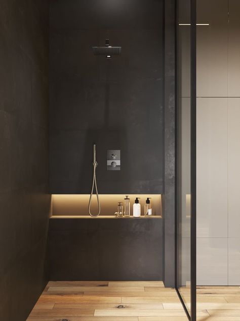 This modern bathroom has a horizontal shower niche with hidden lighting for storage. #ModernBathroom #ShowerNiche #ShowerNicheIdeas #BathroomStorage Drømme Bad, Teak Bathroom Vanity, Modern Loft Apartment, Bathroom Niche, Toilette Design, Teak Bathroom, Hidden Lighting, Bathroom Lights, Pedestal Sinks