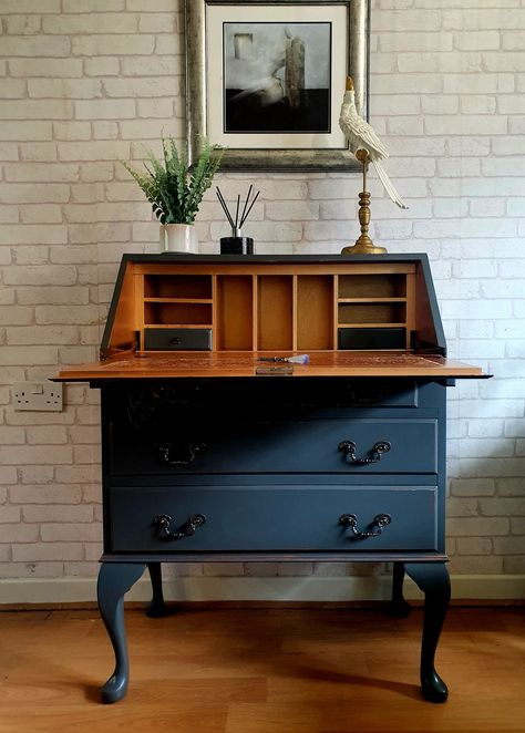 Repainted Desk, Painted Writing Desk, Secretary Desk Makeover, Drop Down Desk, Writing Bureau, Butcher Block Table, Beautiful Writing, Mahogany Furniture, Painted Desk