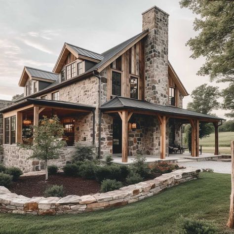 10+ Stunning Farmhouse Exterior Design Ideas You'll Love • 333+ Art Images Big Houses Country, Rock And Wood House, Wooden Home Exterior, Farmhouse Rambler Exterior, Modern Farmhouse Gardens, Houses With Rock And Siding, House Design Country Farmhouse, Farm Rustic House, Farmhouse Inspo Exterior