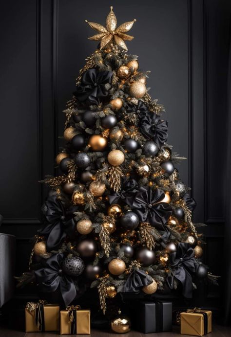 Black And Gold Christmas Tree Decor, Christmas Tree Black Decorations, Black Tree Decorating Ideas, Black Tree Christmas, All Black Christmas Tree, Christmas Tree Black And Gold, Black Christmas Tree Decorations Ideas, Black Christmas Tree Decor, Christmas Tree Ideas Black