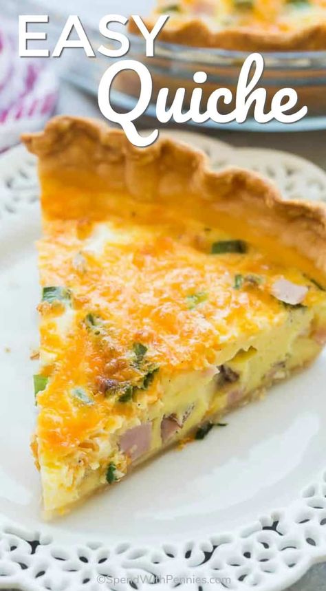 This Easy Quiche Recipe starts with a premade pie crust but no one has to know! It's loaded with ham, cheese and green onions and is the perfect easy breakfast or dinner! #spendwithpennies #quicherecipe #simpleeggs #simplebreakfast #brunchideas #quickrecipes #healthybreakfast #foracrowd Quiche Recipes No Cream, Quiche Recipes Homemade Crust, Quiche Recipes Cheese, Brocolli Quiche Recipes, Ham Quiche Recipes Easy, Quiche Recipes Breakfast, Quiche Breakfast Recipes, Quick Quiche Recipes, Ham And Cheese Quiche Easy