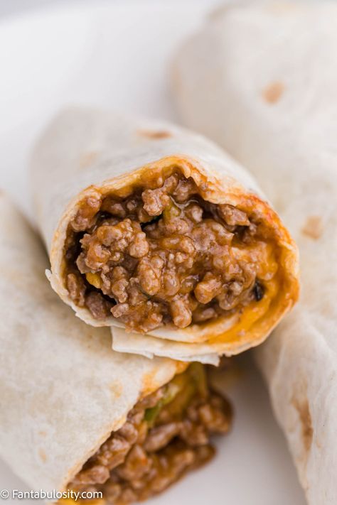 Best Beef Bean And Cheese Burritos, Best Burrito Recipe Beef, How To Make Beef Burritos, Cheesy Beef And Bean Burritos, Freezer Beef Burritos, Easy Burrito Recipe Beef, Best Ground Beef Burrito Recipe, Hamburger Meat Burrito Recipes, Nacho Cheese Beef Burritos