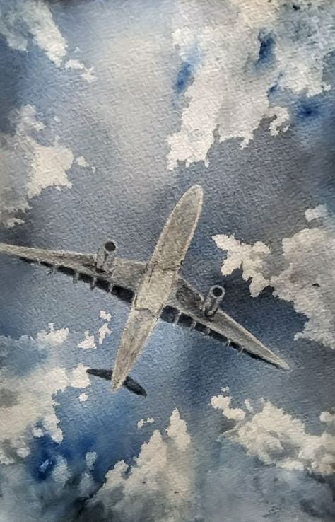 Watercolour painting Plane in the sky #plane #sky #clouds Plane In The Sky, Disney Princess Films, Plane Drawing, Airplane Painting, Airplane Drawing, Watercolor Clouds, Crow Art, Watercolor Sky, Watercolor Calligraphy