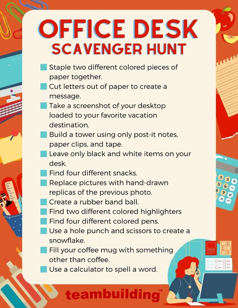 9 Fun Office Scavenger Hunt Ideas & Templates for 2022 Fun Work Place Competitions, Scavenger Hunt Ideas For Workplace, Employee Scavenger Hunt, Fun Activities For Office Team Building, Work Scavenger Hunt Ideas, Scavenger Hunt For Workplace, Office Scavenger Hunt Team Building, September Office Activities, Office Scavenger Hunt Ideas