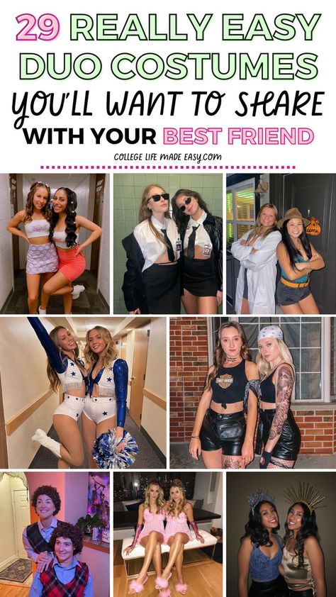 cute bff duo costume ideas for Halloween with 2 girl friends, collage of funny, easy, and hot Halloween costumes Dynamic Duo Date Party Costume Ideas, Duo Halloween Costumes Opposites, Costume For 2 Best Friends, 2 Women Costume Ideas, Black And White Duo Halloween Costume, Halloween Costumes Two Brunettes, Blonde Best Friend Halloween Costumes, Dynamic Duos Friends, Iconic Blonde Duos Costumes