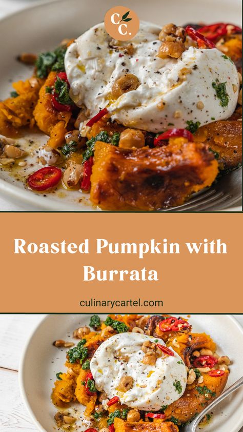 Healthy Autumn Recipes Clean Eating, Fall Burrata Recipe, Autumn Starter Recipes, Healthy Italian Vegetarian Recipes, Autumn Burrata Salad, Baked Pumpkin Recipes Dinner, Italian Pumpkin Recipes, Autumn Foods Recipes, Autumn Cooking Recipes