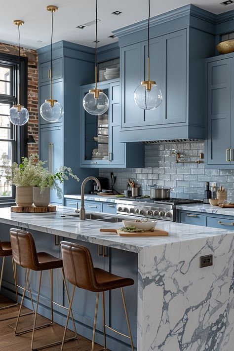 Looking to refresh your kitchen with a splash of color? Discover the 24 best blue kitchen design ideas to inspire you! From serene navy tones to vibrant cobalt accents, these ideas will help you create a stylish and inviting culinary space. 💙🍽️ #BlueKitchen #KitchenDesign #Kitchencolor Home Staging Cuisine, Kitchen Open Concept, Blue Kitchen Designs, Blue Interiors, Blue Kitchen Cabinets, Blue Cabinets, Blue Accent, Coastal Kitchen, Kitchen Farmhouse