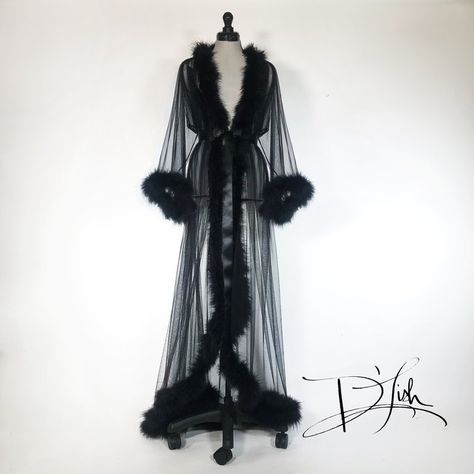 Image of Black "Bridgette" Dressing Gown Gown Queen, Sheer Robe, Lingerie Vintage, Queen Love, Dressing Gowns, Vintage Nightgown, Loungewear Luxury, Drag Queens, Colorful Feathers