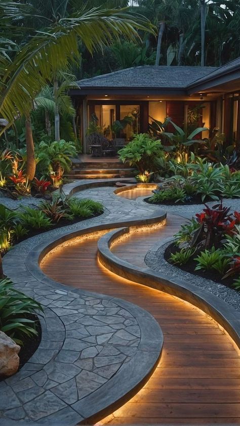 Landscape Ideas Around Pool Area, Oasis Yard Ideas, Landscape Fountain Ideas, Desert Patio Ideas Backyards, Japanese Front Yard, Tropical Front Yard Landscaping, Tropical Backyard Ideas, Yard Architecture, Backyard Waterfall Ideas