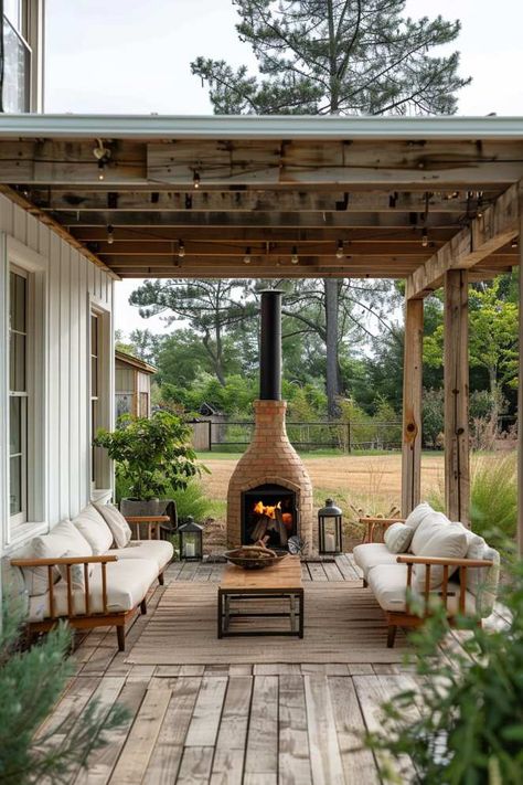 55 Farmhouse Patio Ideas for Charming and Rustic Style Pergola Fireplace Ideas, Farmhouse Patio Ideas, Farmhouse Outdoor Patio, Covered Outdoor Patio Ideas, Fireplace Plans, Rustic Outdoor Fireplaces, Rustic Decor Ideas, Relaxing Patio, Garden Pergola