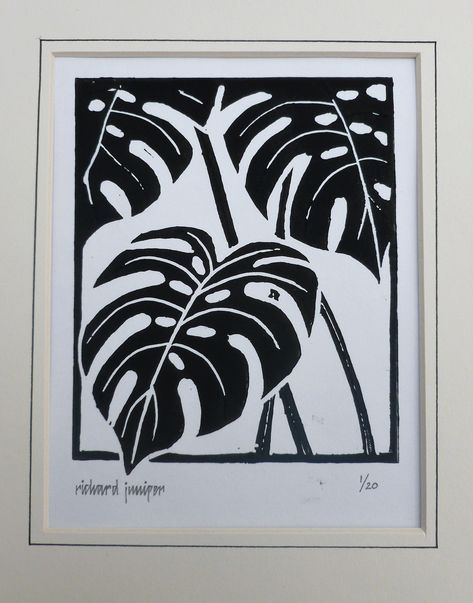 Swiss Cheese Plant. Linocut print by Richard Juniper Print Making Art Ideas, Simple Printmaking Designs, Plant Lino Print, Print Ideas Design, Linocut Plants, Lino Print Ideas Easy, Linocut Prints Ideas, Linocut Prints Simple, Print Making Ideas