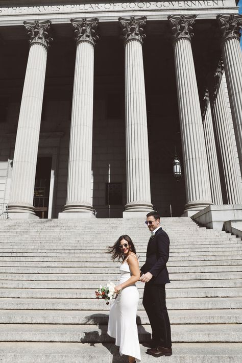 City Hall Wedding Ideas, Hall Wedding Ceremony, City Hall Nyc, Wedding Suits For Bride, Nyc City Hall Wedding, Short Veils, Couples City, City Hall Wedding Photos, New York City Hall