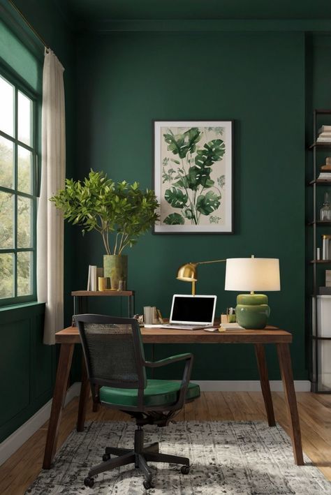 Hunter Green (BM 2041-10): Forest Retreat - Best Wall Paint Color 2024 for Deep Greens - upgradesign.blog Dark Green Wall And Ceiling, Modern Green Office Design, Dark Green Bedroom Walls And Ceiling, Hunter Green Dining Room Walls, Green Wall Decoration Ideas, Office Decor Paint Wall Colors, Forest Green Study, Moss Green Wall Paint, Forest Green Home Office