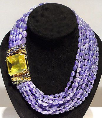 Huge Citrine Pendant Tanzanite Bead Necklace #Follow #IradjMoini Citrine Pendant, Purple And Yellow, Fabulous Jewelry, Bijoux Diy, High Jewelry, Bead Necklace, Statement Jewelry, Amazing Jewelry, Citrine