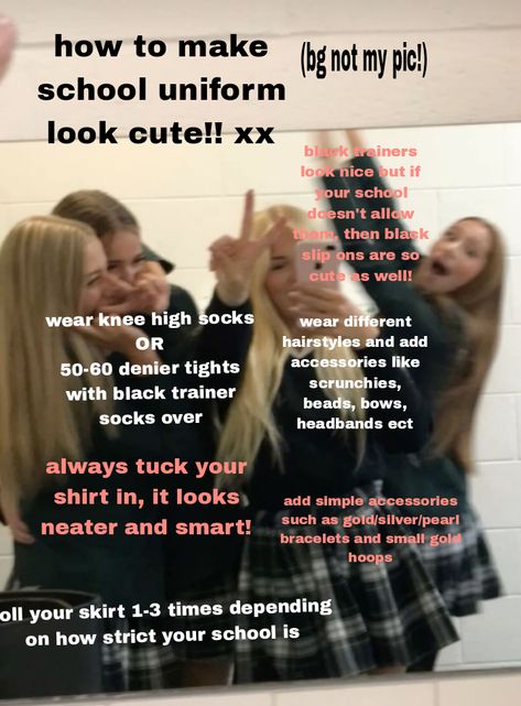 For the UK girlies who have to put up with scl uniform xx ❤️❤️💝 How To Look Good In Uniform Schools, Tips For Year 8 Uk, Tips For Year 10 Uk, Year 9 Tips Uk, Tips For Year 7 Uk, How To Accessorize School Uniforms, Non School Uniform Day Outfit Uk, How To Style A Uniform For School, How To Make Your Uniform Look Better