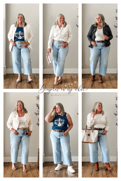 How to style plus-size cropped wide-leg jeans six ways. You can never go wrong with jeans and a classic white shirt regardless of your size. #plussize #plussizefashion #plussizeover50fashion #plussizeoutfitinspiration #plussizejeans #plussizecasualfashion #plussizefalloutfitideas #plussizesummeroutfitideas #plussizedatenightoutfitideas #coolplussizeoutfitideas Mom Jeans Plus Size Outfit, Plus Size Straight Leg Jeans Outfits, Plus Size Outfits Jeans, Plus Size Wide Leg Jeans Outfit, Wide Leg Jeans Outfit Plus Size, Plus Size Wide Leg Pants Outfit, Wide Leg Cropped Jeans Outfit, Party Outfit Plus Size, How To Style Wide Leg Jeans