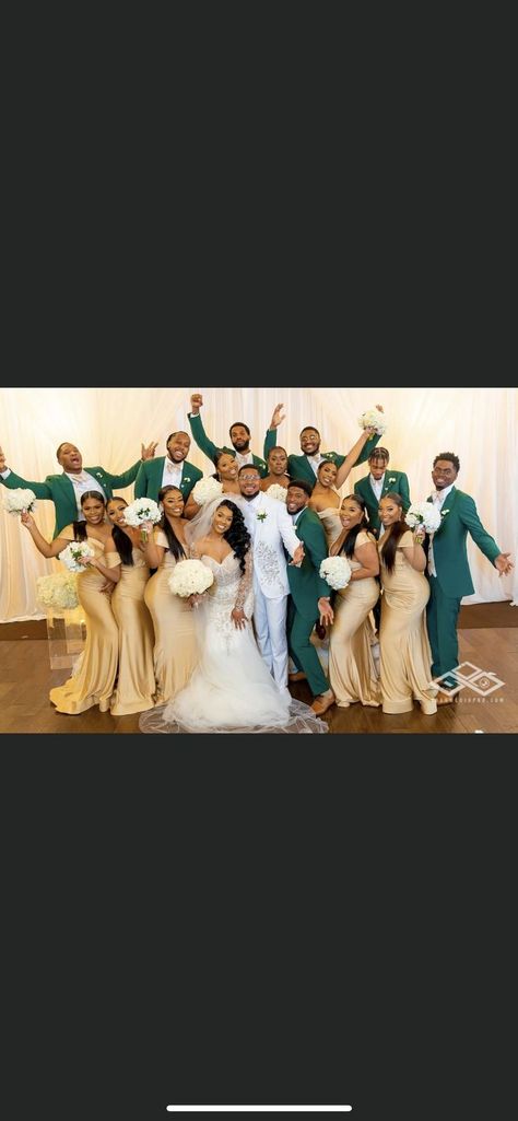 Emerald Green Wedding Black Couple, Emerald Green Wedding Theme Bridesmaid Dress, Hunter Green Champagne Wedding, Emerald And Gold Wedding Dress, Emerald Green And Gold Bridal Party, Hunter Green And Rose Gold Wedding Ideas, Cream And Emerald Wedding, Tan And Emerald Wedding, African American Wedding Party