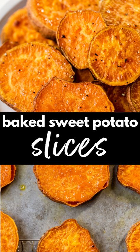 These simple Baked Sweet Potato Slices are lightly seasoned and ready in just 30 minutes. It’s a healthy and delicious side dish that’s flexible and pairs well with anything! Bakes Sweet Potatoes In Oven, Sweet Potato Sides For Steak, Sweet Potato Slices In Oven, Toasted Sweet Potato Slices, Simple Baked Sweet Potato, Sweet Potato Dishes Healthy, Roasted Sliced Sweet Potatoes, Sweet Potato Recipes Healthy Baked, Baked Sweet Potato Recipes Ovens