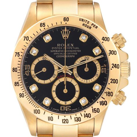 Rolex Daytona Yellow Gold Inverted 6 Diamond Dial Mens Watch 16528. Officially certified chronometer automatic self-winding movement. 18K yellow gold case 40.0 mm in diameter. Special screw-down push buttons. Triplock winding crown protected by the crown guards. 18K yellow gold tachymeter engraved bezel. Scratch resistant sapphire crystal. Black dial with original Rolex factory diamond hour markers and inverted 6 on subdial at 6 o'clock. Outer 1/5th seconds track. Subsidiary dials for the second 50th Birthday Presents, Rolex Watches For Men, Mens Fashion Watches, Gold Watch Men, Wrist Game, Mens Gold Bracelets, Gold Bracelets, Rolex Oyster Perpetual, Mens Gold