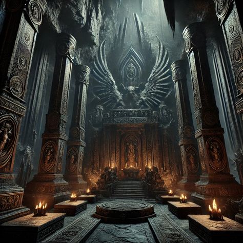 Deep within the cliffs of Scorthveil lies a sanctuary dedicated to the enigmatic Crow God. This ancient place of worship, carved into the living rock, echoes with the whispers of forgotten rituals. Dark, weathered pillars reach up to the heavens, framing the entrance to a sacred space where the divine and mortal worlds intersect. A place where time stands still, and the weight of history is palpable. #worldbuilding #epicfantasy #fantasyworlds Crow God, Dark Temple, Fantasy Place, Dark Heresy, Fantasy Buildings, White Palace, Time Stands Still, Temple Ruins, The Whispers