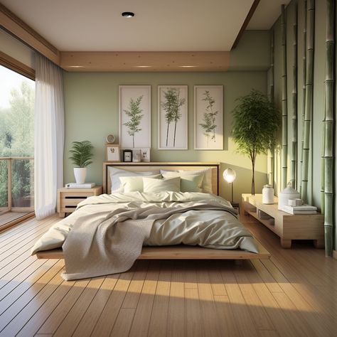 Modern Japanese Inspired Bedroom, Bamboo Room Aesthetic, Zen Green Bedroom, Master Bedrooms Decor Japanese, Green Zen Room, Bedroom Zen Style, Green And Bamboo Bedroom, Zen Room Colors, Zen Inspired Bedroom