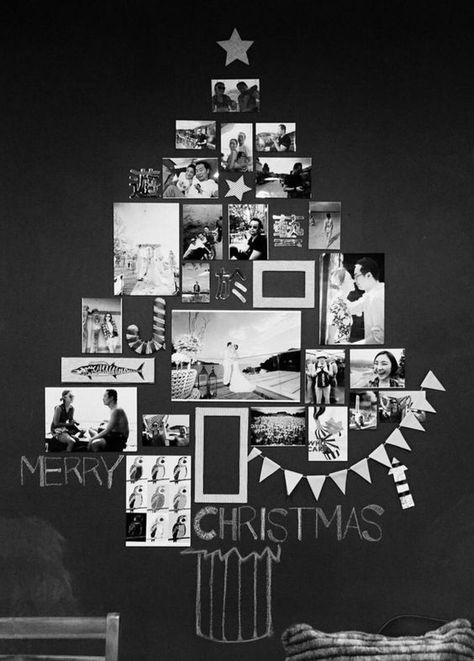 a wall mounted black and white Christmas tree made of photos is a cool and cathcy decor idea Christmas Photo Wall, Christmas Photo Display, Wall Mounted Christmas Tree, Photo Christmas Tree, Amazing Christmas Trees, Wall Christmas Tree, Tree Photo, Alternative Christmas Tree, Creative Christmas Trees