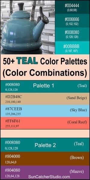 Teal Color Palette (Combinations, Schemes & Ideas) – DIY Projects, Patterns, Monograms, Designs, Templates Blue Green Teal Color Scheme, Teal And Cream Color Palette, Teal And Navy Color Palette, Color Palette For Mandala, Denim Color Combinations, Green And Turquoise Color Palette, Teal Quilts Ideas Color Combos, Teal Blue Color Combinations, Dark Teal Color Scheme