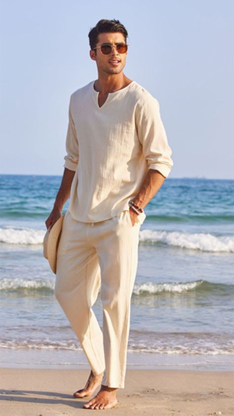 Linen Men Outfit, Linen Outfit Men, Mens Beach Outfits, Mens Linen Outfits, Linen Shirt Outfit, Vacation Outfits Men, Beach Outfit Men, Linen Style Fashion, Mens Linen Pants