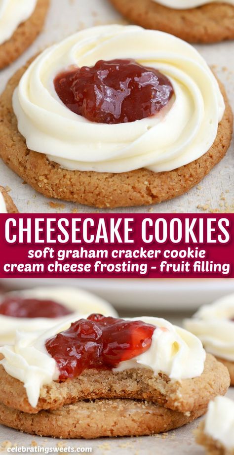 All the flavors of cheesecake in a cookie! Soft and chewy graham cracker cookies topped with cream cheese frosting and a fruity filling. Valentines Crumble Cookies, Cookies With Frosting On Top, Frosting Filled Cookies, Gram Cracker Cookies, Sugar Cookie Topping Ideas, Cookies With Frosting Recipes, Cream Cheese Filling For Cookies, Cookie Toppings Ideas, Cream Cheese Cookies Recipes Easy